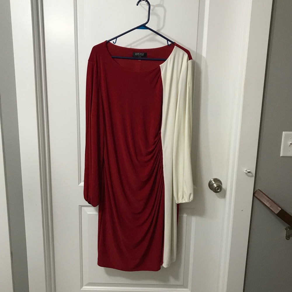 Kasper Color Blocked Split-Sleeve Dress with Side Ruch in Crimson&Cream XXL NWOT